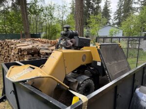 A stump grinder loaded in a trailer, with stacked firewood in the background, used by AA Tree Service in Kent, WA.