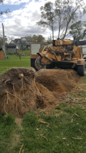 A stump grinder next to a large pile of excavated tree roots and dirt from a removal job by AJ'S Stump Grinding in Bauxite, AR.