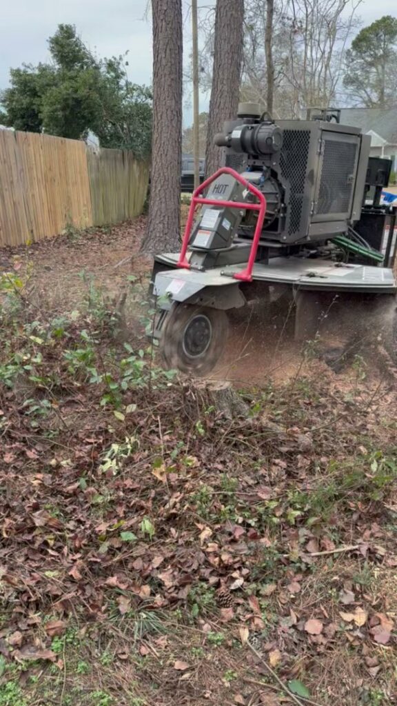 A powerful stump grinder machine actively removing a tree stump in a residential backyard for Stumps Be Gone in Augusta, GA.