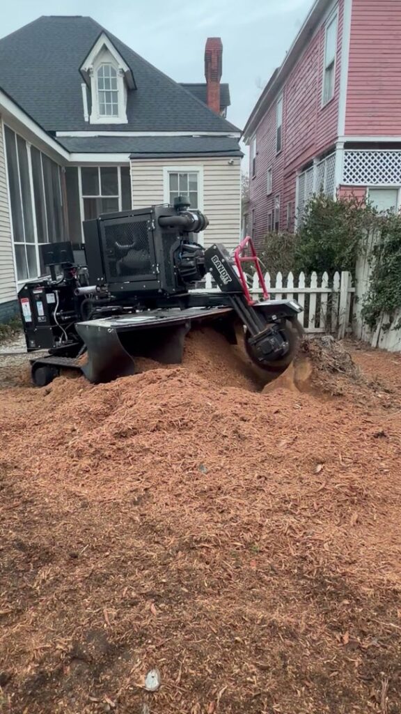 A stump grinder machine actively removing a tree stump in a residential backyard, performed by Stumps Be Gone in Augusta, GA.