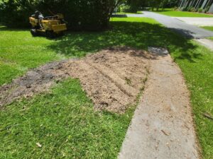 A stump grinder actively working on a tree stump, creating wood chips, demonstrating stump grinding service by Ayla Tree Service in Bloomingdale, GA.
