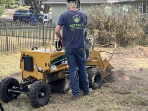 A Patriot Tree Service worker operating a stump grinder to remove a tree stump in Sioux Falls, SD