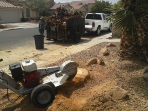 A professional stump grinding service in progress with a debris removal truck in the background by Tree Service in North Las Vegas, NV.