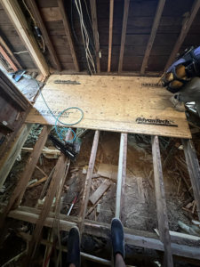 New Advantech subfloor being installed during a renovation project by KMAC Construction in Youngsville, LA.