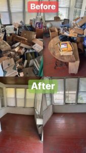 Before and after view of a sunroom cleared of boxes and clutter by Mr. Groundhog Disposal and Services in Bloomington, MN.