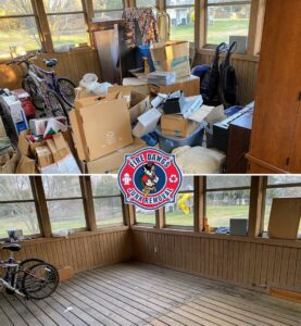 Before and after photos of a sunroom cleared of junk by Fire Dawgs Junk Removal in Bloomington, IN.