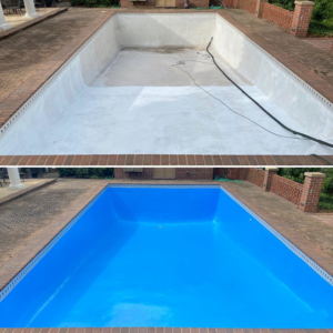 Before and after comparison of a swimming pool cleaned and prepared by Beach Eco Blasting in Virginia Beach, VA.