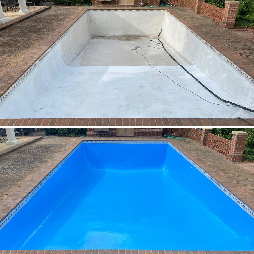Before and after comparison of a swimming pool cleaned and prepared by Beach Eco Blasting in Virginia Beach, VA.