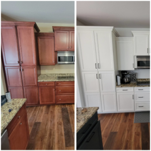 Before and after of tall kitchen cabinet refacing by Amazing Finishes in Whitefish Bay, WI, transforming them to a modern white finish.