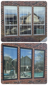 Before and after of tall window replacement overlooking a pool by Pro 1 Windows and Doors in Rockwall, TX