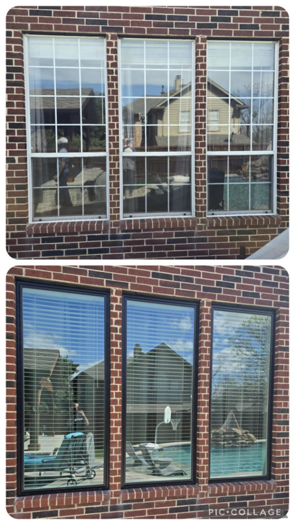 Before and after of tall window replacement overlooking a pool by Pro 1 Windows and Doors in Rockwall, TX