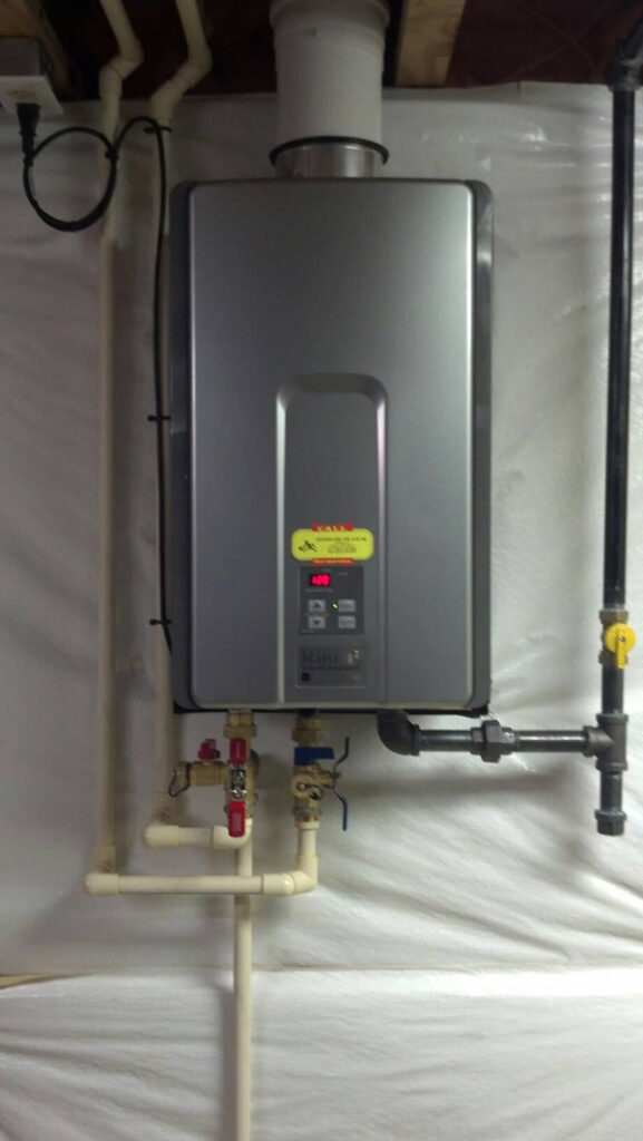 A newly installed tankless water heater by Fletchers Plumbing and Heating in Smyrna, DE