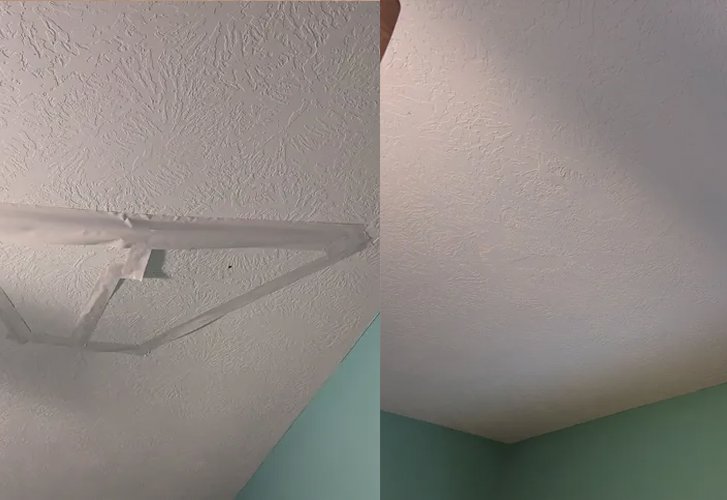 Before and after of a taped ceiling repair, showing the temporary fix and the smooth finished ceiling by Ceiling Doctor by Julian in Augusta, GA.