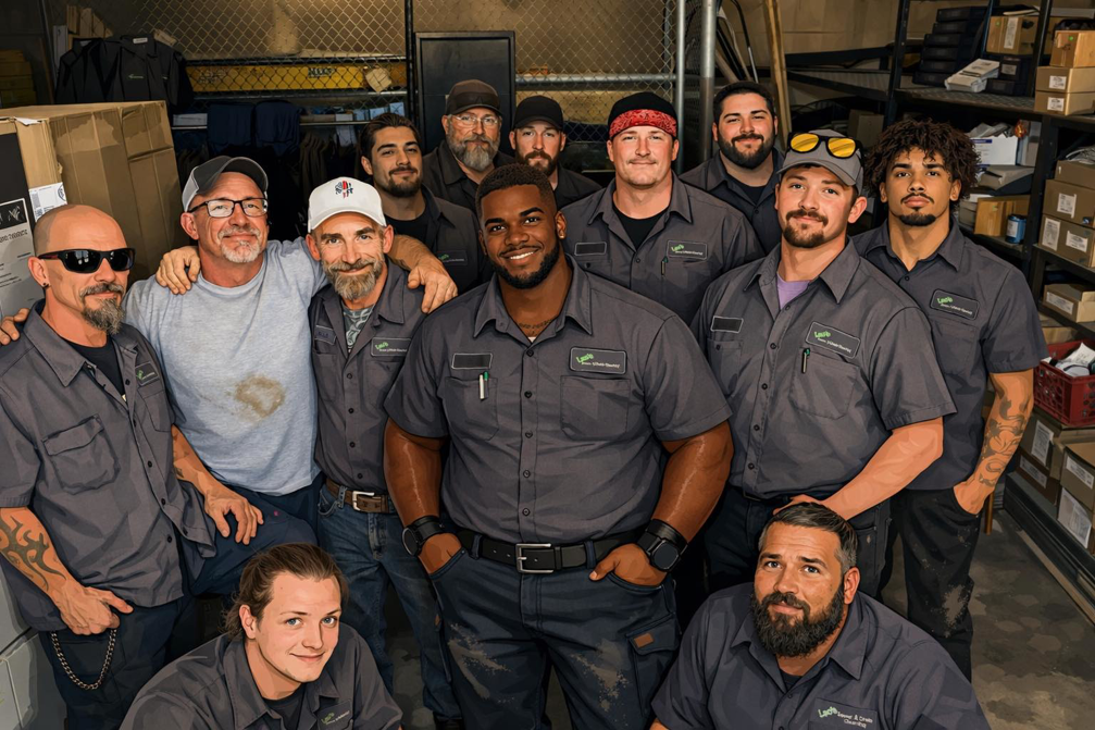 A team of handymen from Leo's Sewer & Drain posing in their workshop in Colorado Springs, CO