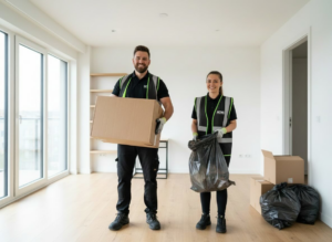 A team from Kansas City Valet Sanitation removing boxes and trash bags from an empty room in Overland Park, KS.