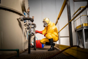 A technician in a yellow hazmat suit inspecting equipment for Environmental & Hazmat Services in Ashford, AL.