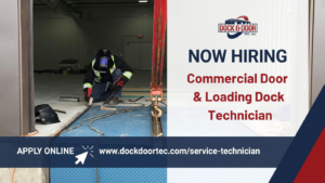 A technician welding a commercial door or loading dock for Dock & Door Tec in Elk River, MN.