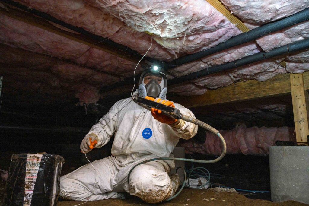 A Northwest Crawl Space Services technician in a full protective suit and respirator, using specialized equipment to work on insulation and pipes in a dark crawl space in Kent, WA.