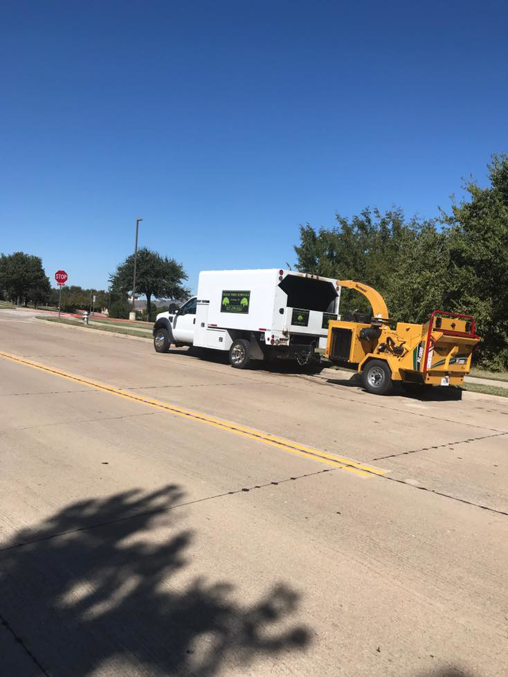 A Texas Tree Services truck towing a wood chipper on the road in Fort Worth, TX.