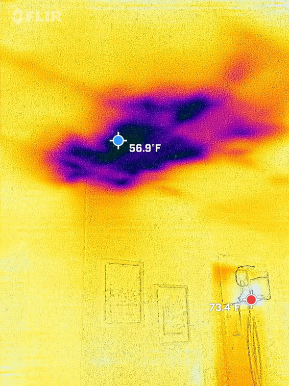 A thermal image showing temperature variations on a ceiling, used for leak detection by Corebuilt Contracting LLC in Fort Collins, CO.