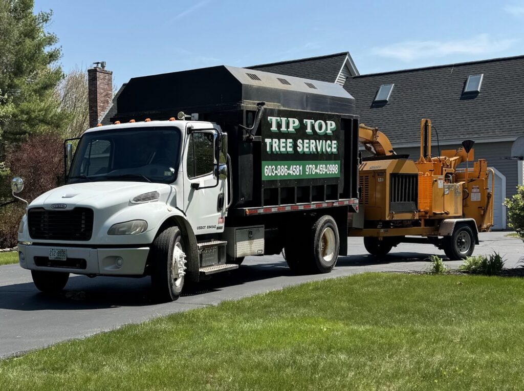 A Tip Top Tree Service dump truck with a wood chipper attached, ready for tree removal and debris processing in Hudson, NH.