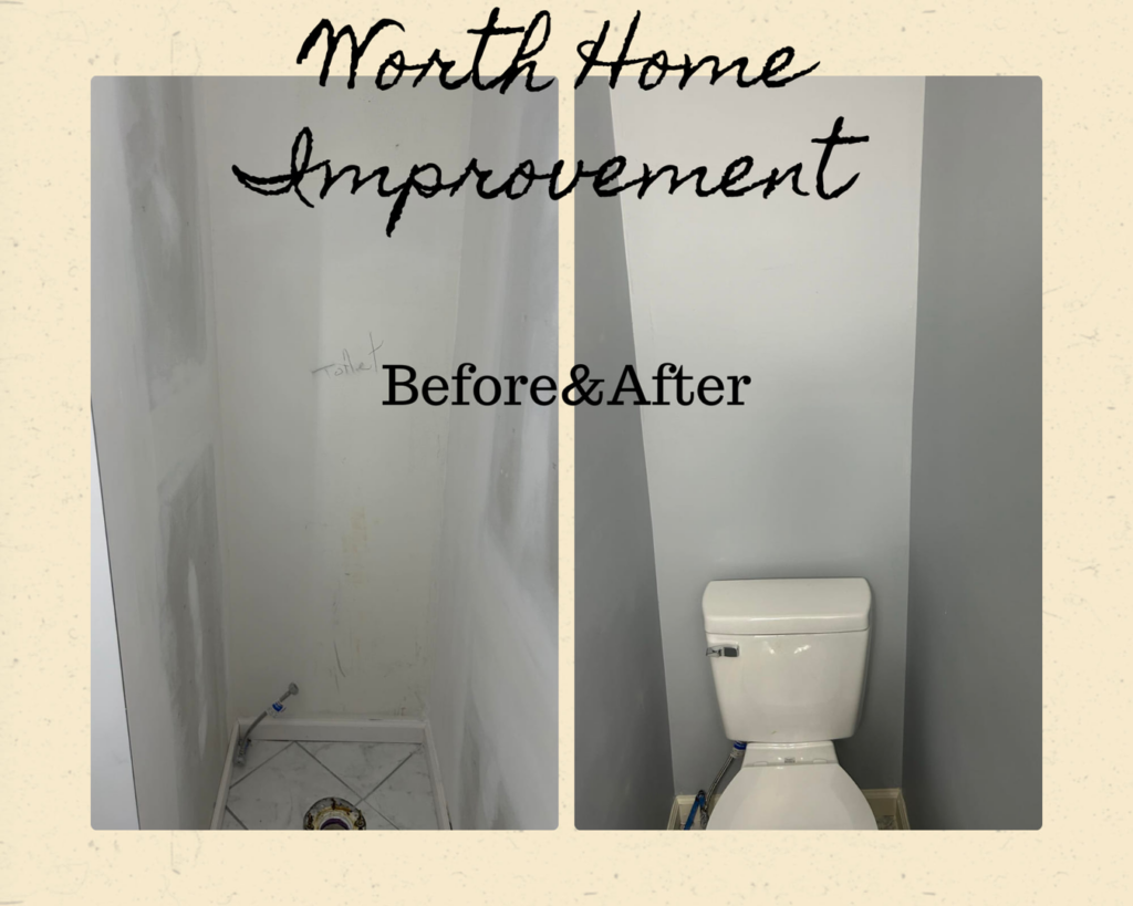 Before and after photos of a toilet installation project by Worth Home Improvement LLC in Rockhill, NC.