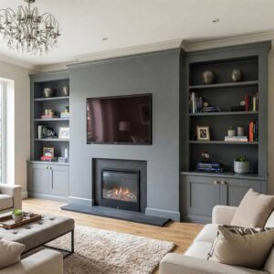 A traditional fireplace with a TV and built-in bookshelves, a project by Infinite Fire Features in Colorado Springs, CO.