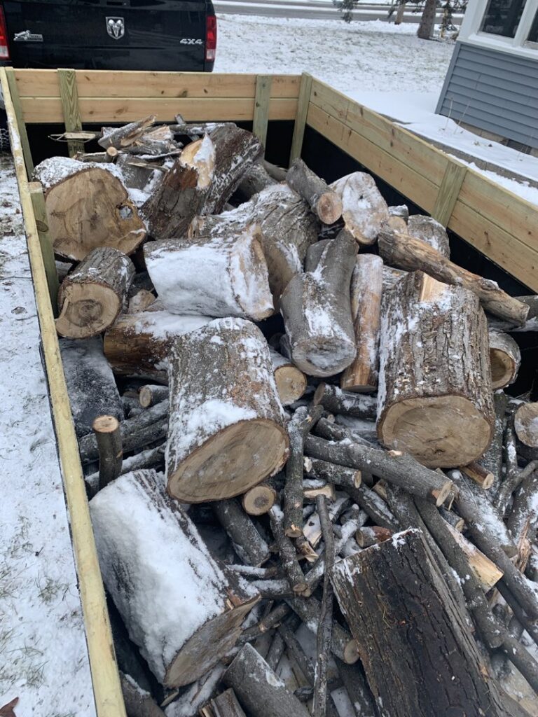 A trailer filled with cut logs and tree debris, ready for disposal by Mr. Groundhog Disposal and Services in Bloomington, MN.