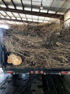 A Haul It All Services trailer full of junk parked in front of a residential garage in Albuquerque, NM