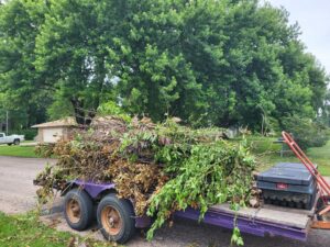 A trailer filled with green and brown yard waste for removal by TrashnSell in Grand Island, NE