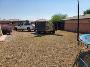 A utility trailer loaded with yard waste and branches for removal by V.S.C Junk Removal Services in Las Vegas, NV.