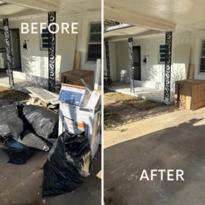 Before and after view of black trash bags and cardboard boxes removed from a driveway by WasteAway Junk Removal in Memphis, TN