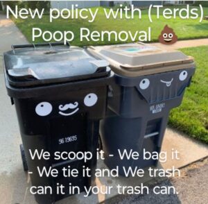 Two trash cans with cartoon faces and text explaining the poop removal process by Terds Poop Removal in Council Bluffs, IA