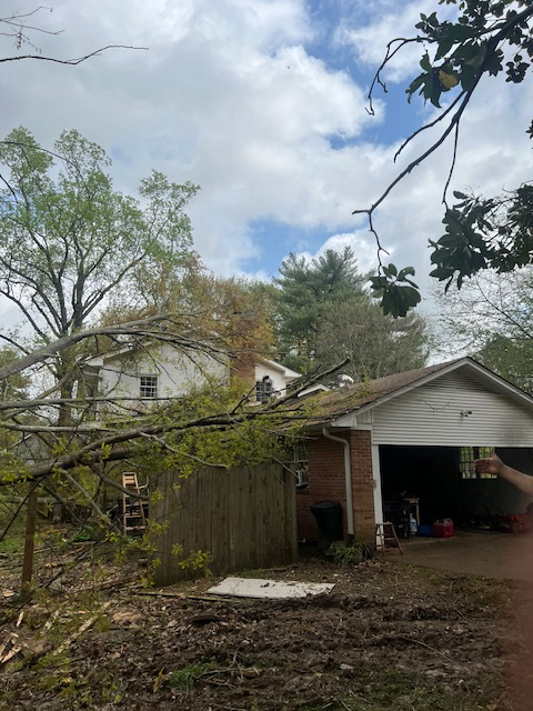 A large tree branch fallen onto a house roof and garage, showing storm damage requiring G&H Tree Service in Jackson, TN.