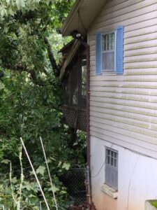 A large tree branch fallen against a house, requiring removal by Ole' Smokey's Tree Service in Knoxville, TN.