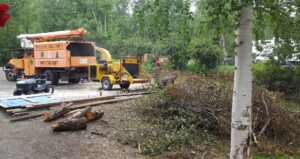 A wood chipper and bucket truck with a crew clearing branches and logs, demonstrating tree service by Precision Tree Care LLC in Wasilla, AK.