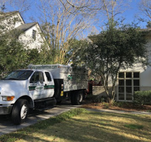 A Green Fern Tree Service chipper truck parked in a residential driveway in Roswell, GA.