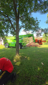 A large green tree chipper machine processing wood debris during a tree service job by Tree Masters in Columbia, MO.