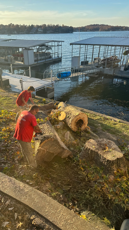 Tree Masters crew members using chainsaws to cut large tree logs near a lake in Columbia, MO.