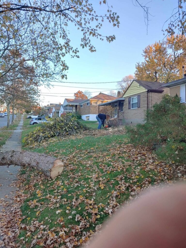 A tree service worker operating a chainsaw amidst tree debris for Wooded Ways Tree Removal in Cincinnati, OH.