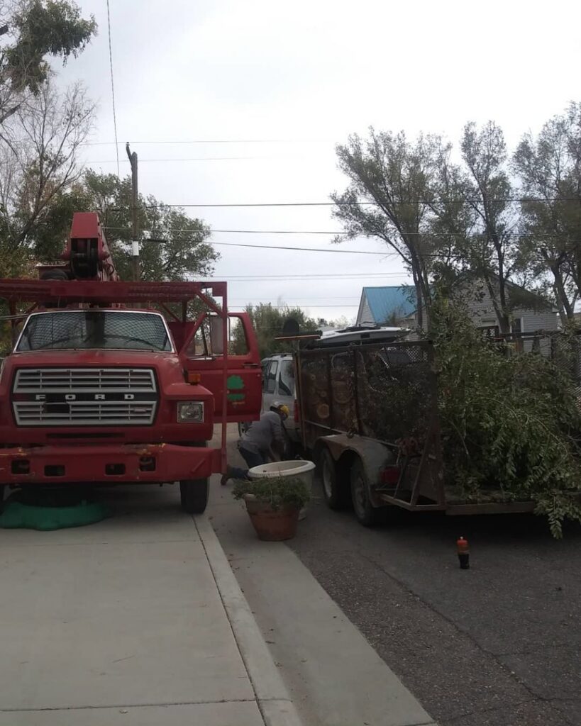 A tree service truck with a trailer full of removed tree debris by All American Arborists in Rock Springs, WY.