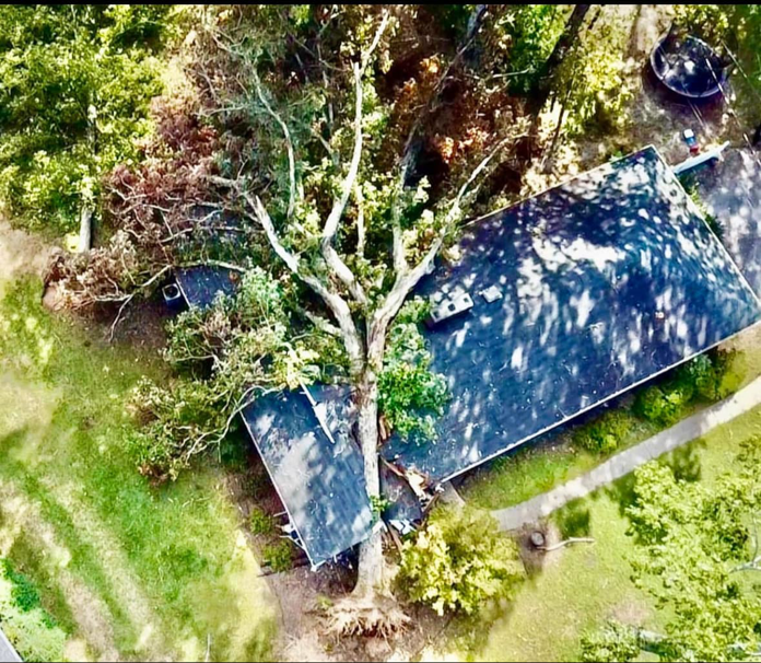 An aerial view of a large tree fallen onto a residential roof, showing emergency tree removal work by Green Leaf Tree Service in Broussard, LA.