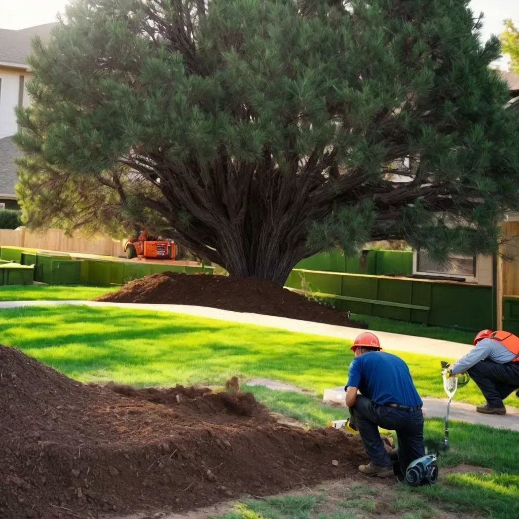 Tree service professionals performing ground work near a large tree, possibly for planting, by Tree Service Henderson in Henderson, NV.