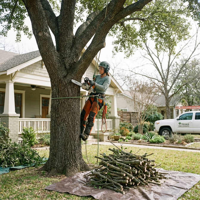 An arborist using a chainsaw to prune a tree for Austin Tree Specialists in Austin, TX.