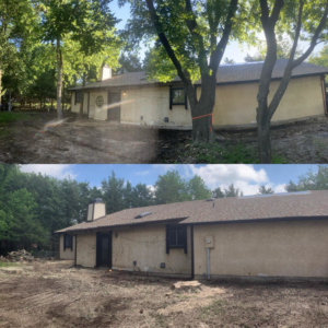 Before and after photo showing successful tree removal and stump grinding by Rates Tree Service in Wichita, KS.