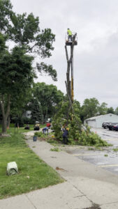Tree service workers using a bucket lift for tree removal, with branches on the ground, by JN Services LLC in Des Moines, IA