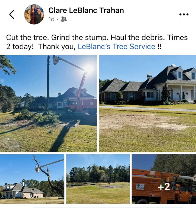 A bucket truck performing tree removal services at a residential property by LeBlanc's Tree Service in Baton Rouge, LA.