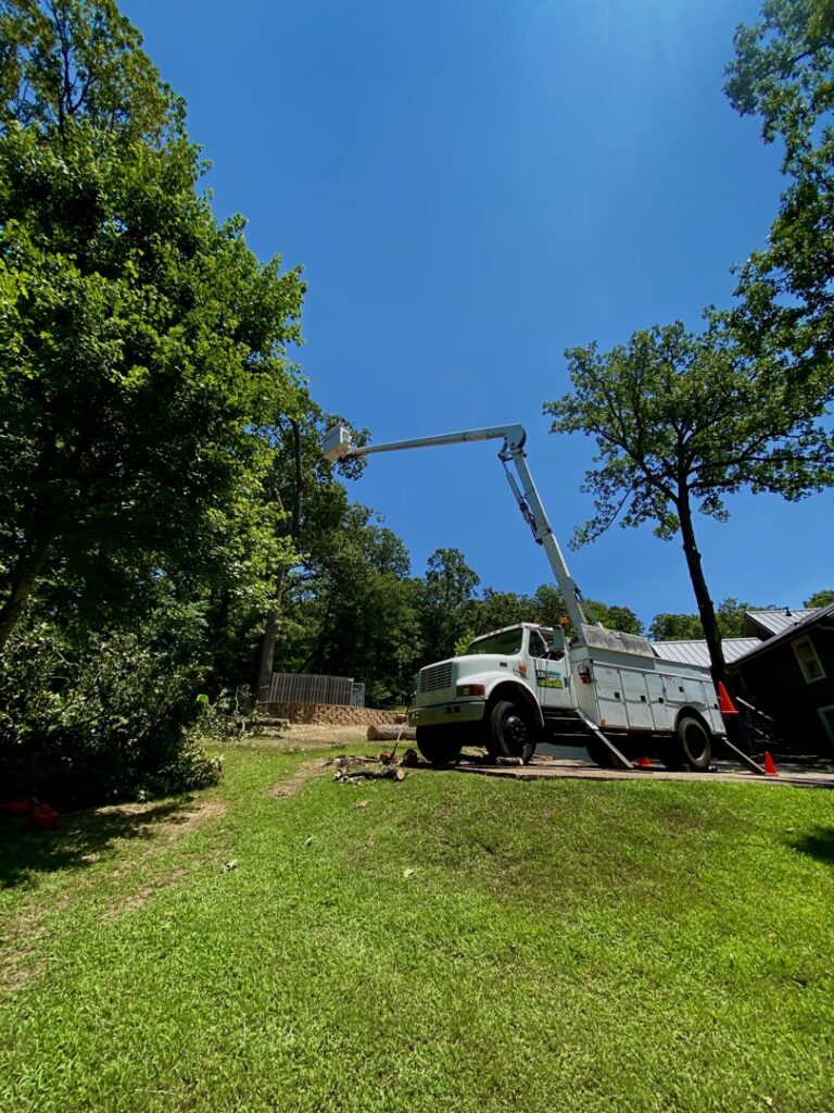 A bucket truck removing a tree with cut logs on the ground by ED's Landscaping in Mechanicsville, VA.
