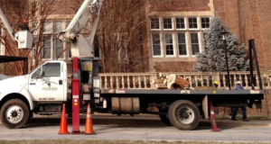 A tree removal crew with a bucket truck and cut logs on a flatbed for Baltimore Tree Experts in Baltimore, MD.