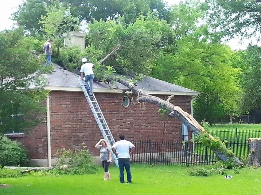 Tree service crew removing a large fallen tree branch from a house roof after storm damage by ATX Tree Guy in Austin, TX
